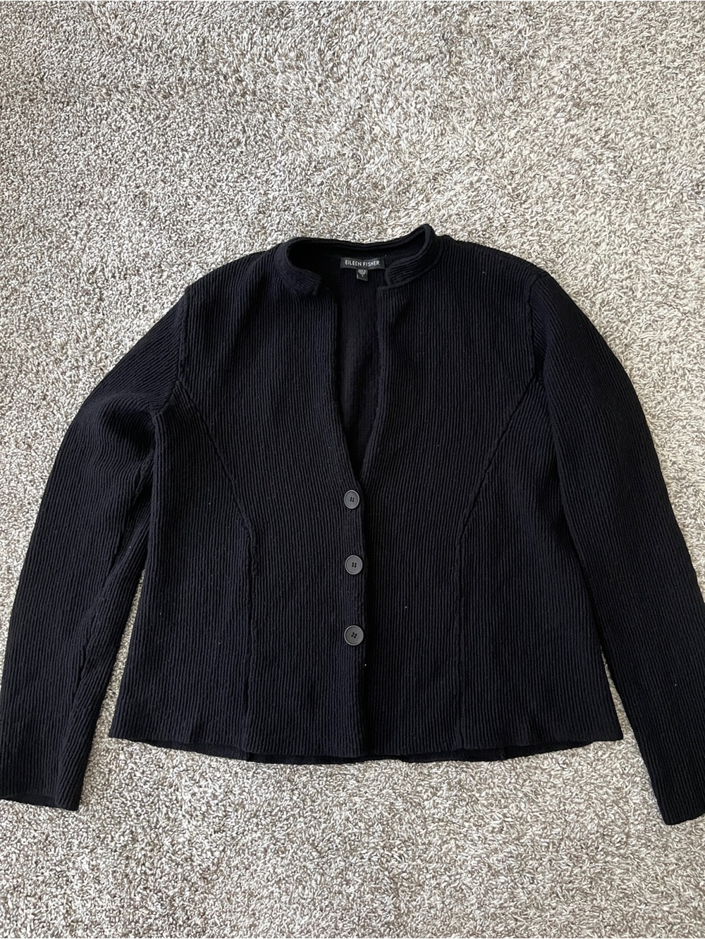 Eileen Fisher Black Wool Button Up Cropped Cardigan